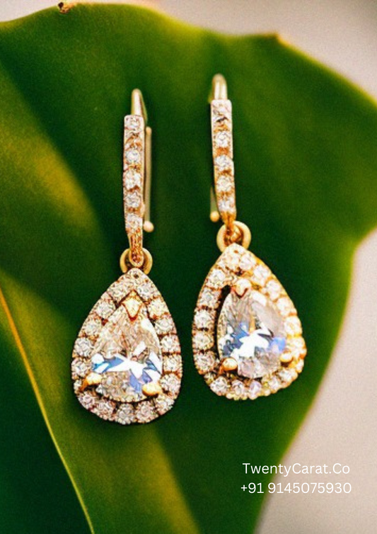 Pear Dangling U-Pave Halo Moissanite Earrings In Gold - TwentyCarat.Co