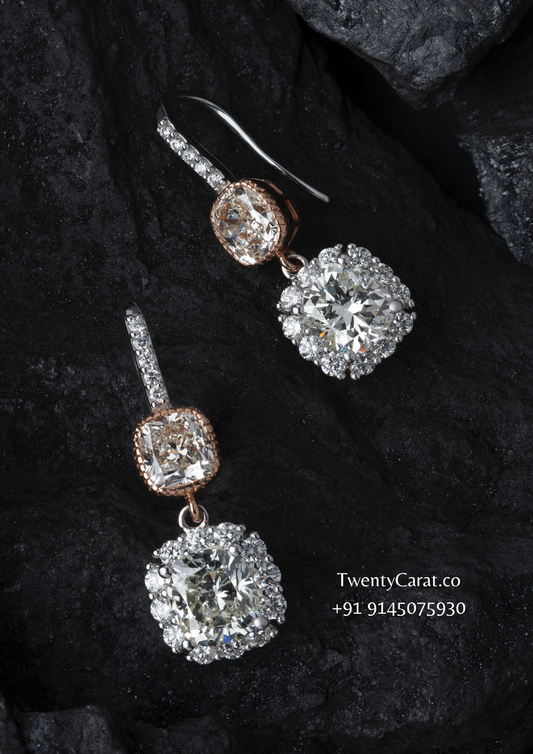 4+4 Carat Cushion Shape Moissanite Diamond Gold Earring | TwentyCarat.Co